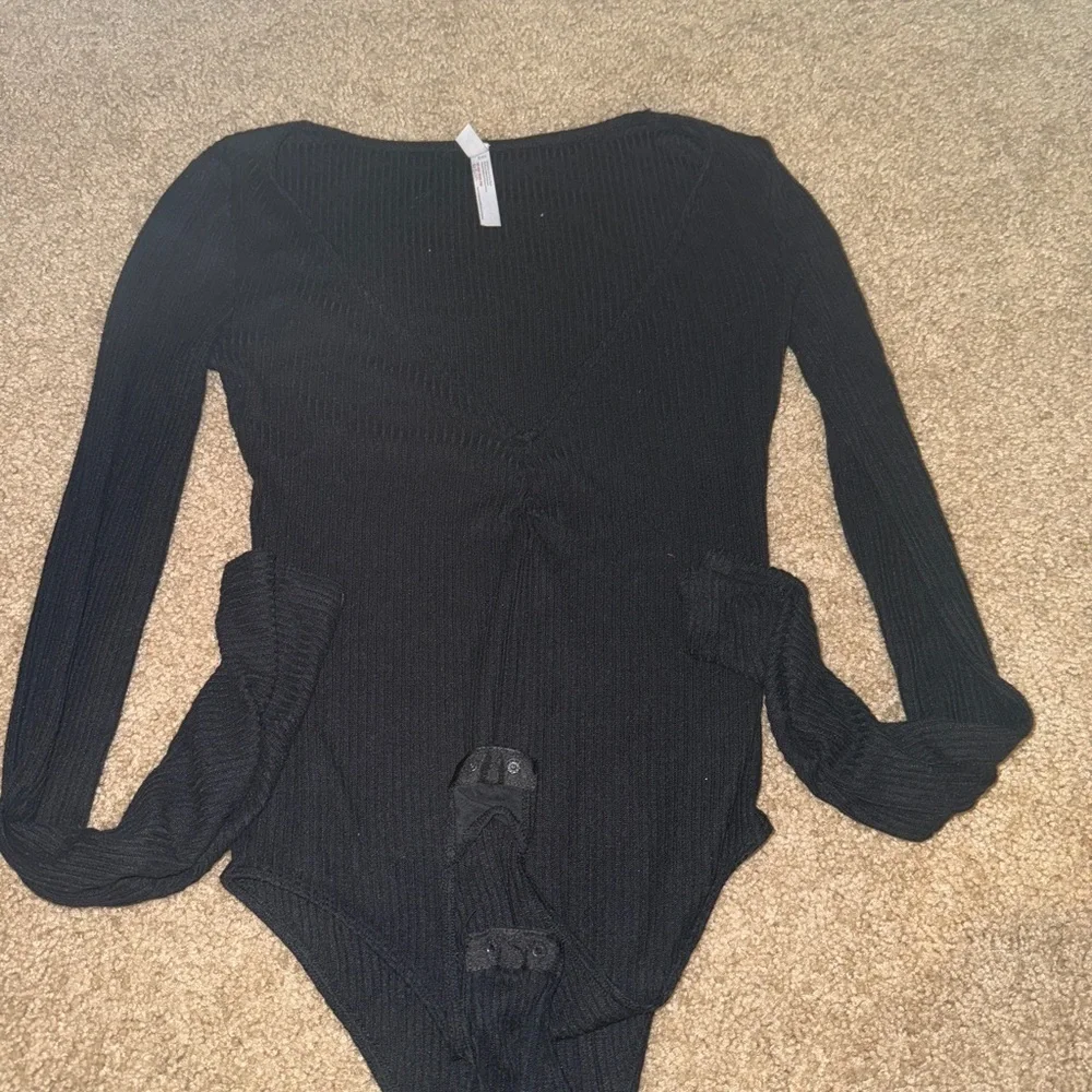 Free People Black Ribbed Long-Sleeve Bodysuit